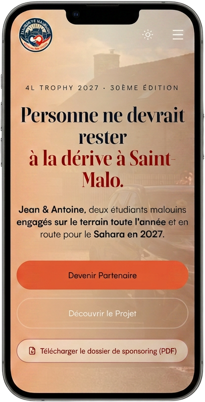 Mockup mobile du projet Solidarité Malouine 4L Trophy 2027